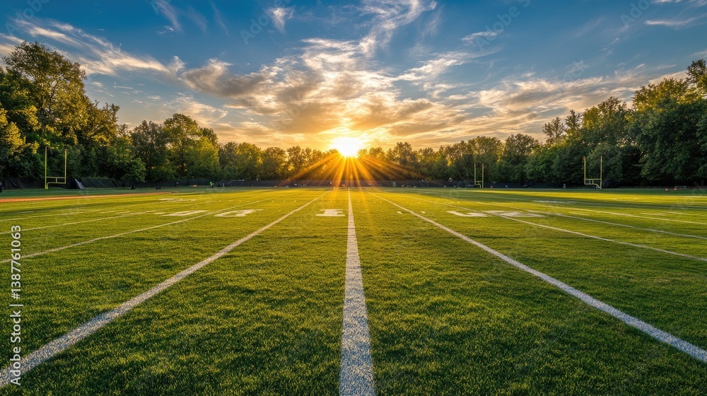 A football field in full daylight, with clear yard lines and goalposts at either end, waiting for the action to begin A football field in full daylight, with clear yard lines and goalposts at either end, waiting for the action to begin