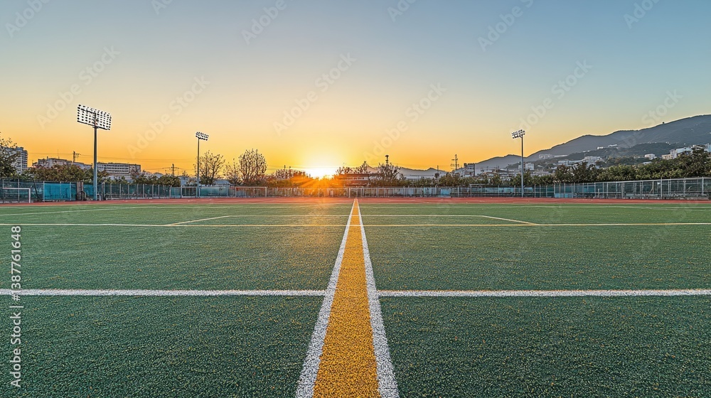 A football field with bright, freshly painted lines and goalposts under the early morning sky, awaiting action