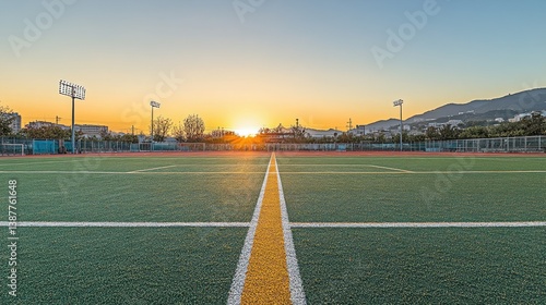 Obraz na płótnie A football field with bright, freshly painted lines and goalposts under the early morning sky, awaiting action w salonie