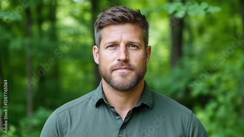 Man in forest setting.  Serious expression