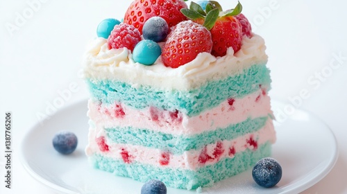 Vibrant dessert with fresh berries and whipped topping. Perfect for pastry, celebration, and sweet food themes.