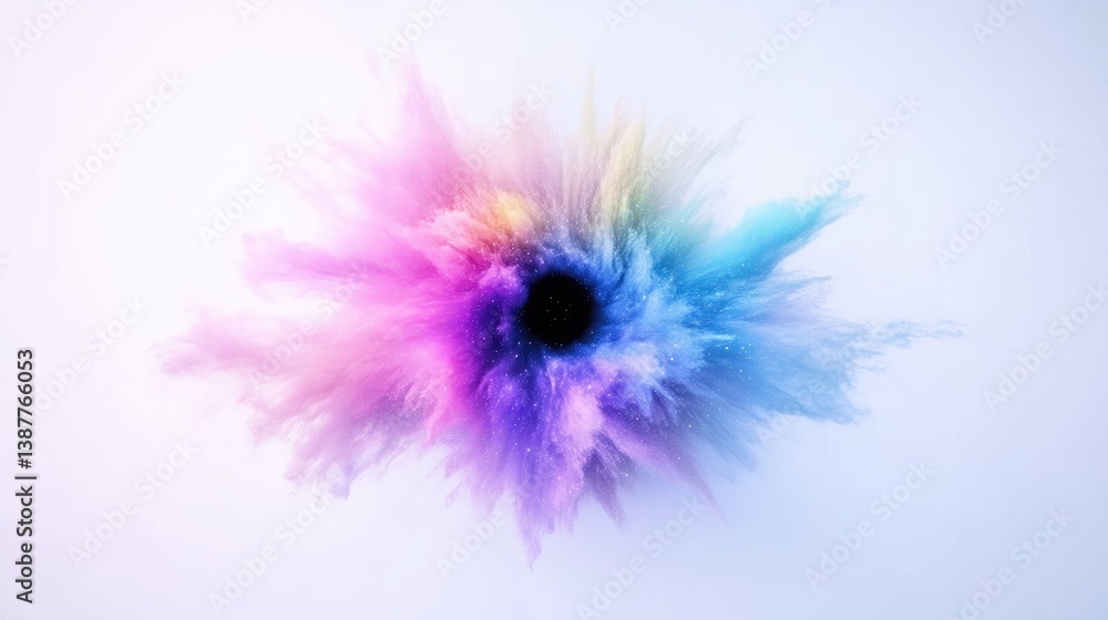 Obraz premium A vibrant, pastel-colored powder explosion forms a ring around a central black void. The image features soft, diffused lighting. Its a high-quality image with a dreamy, artistic aesthetic. The colo