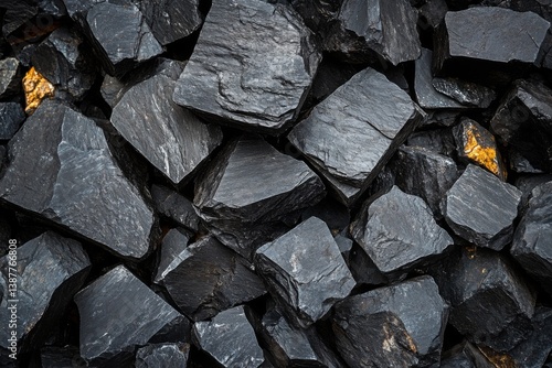 Heap of large broken dark stones with sharp edges and rough texture