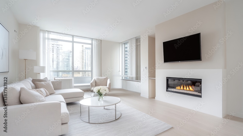 Fototapeta premium Modern open-concept living room with city view