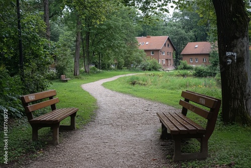 Peaceful park pathway with benches and trees on a sunny morning