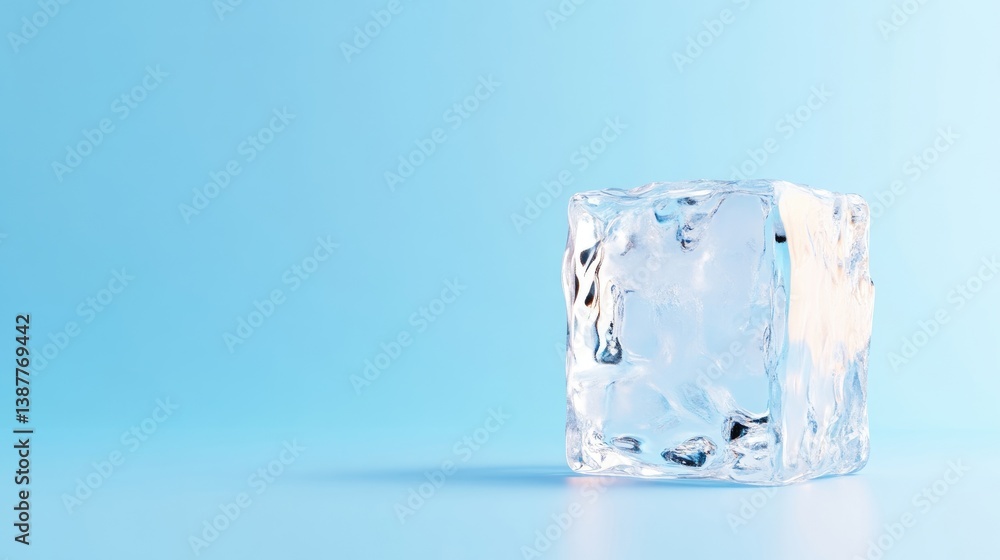Single clear ice cube on a light blue surface