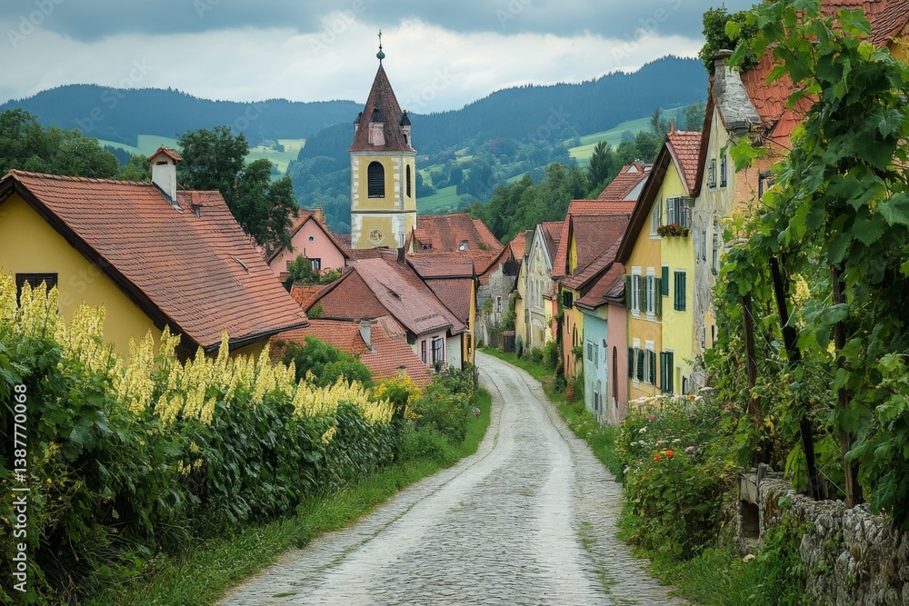 Steep village road with view of hills and traditional houses Steep village road with view of hills and traditional houses
