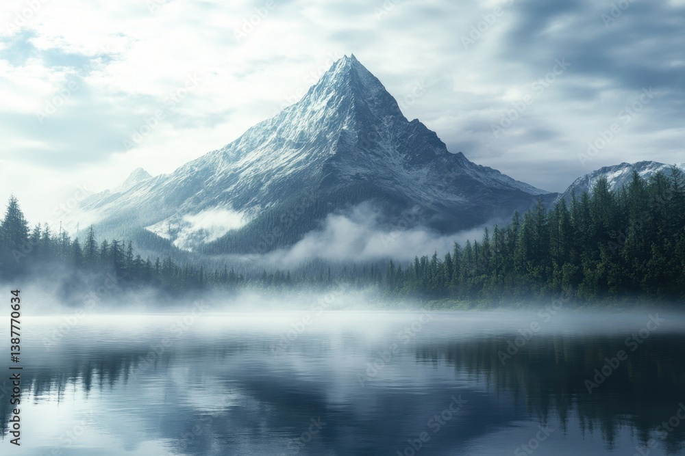 Naklejka premium Snow-capped mountain reflects in calm lake surrounded by lush green trees in misty atmosphere