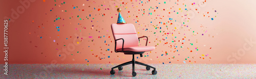 A serious office chair wearing a tiny party hat, confetti falling around it