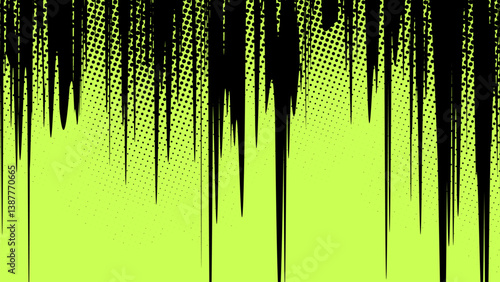 Green background with black flowing from above with halftone dots.