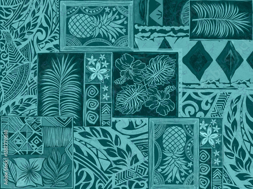 Aloha hawaii rainforest beach   tropical Polynesian digital clipart  pattern, tiki, aztec textile print, geometric background