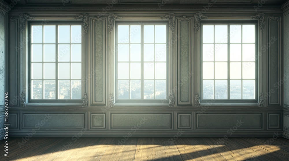 Sunlit room with four large windows, ornate wall paneling, and hardwood floor. Sunlit room with four large windows, ornate wall paneling, and hardwood floor.