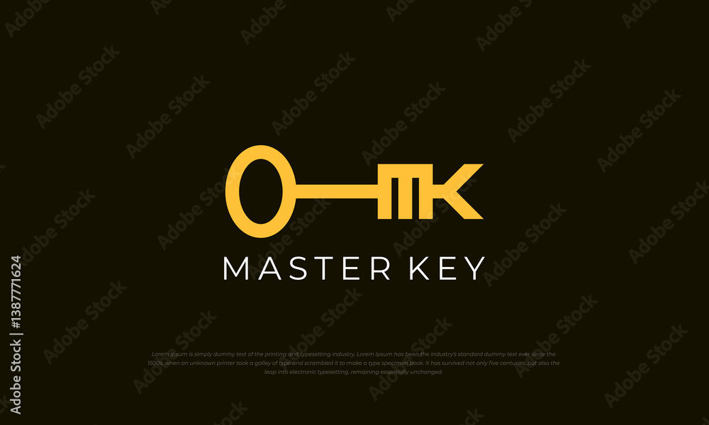 abstract pictogram KEY combined with monogram letter M and K in yellow gold color. abstract pictogram KEY combined with monogram letter M and K in yellow gold color.