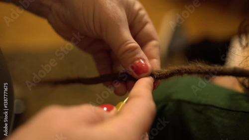 Close-up of female hands braiding dreadlocks at home. Unrecognizable professional hairstylist fixing dreadlocks for client. 4K