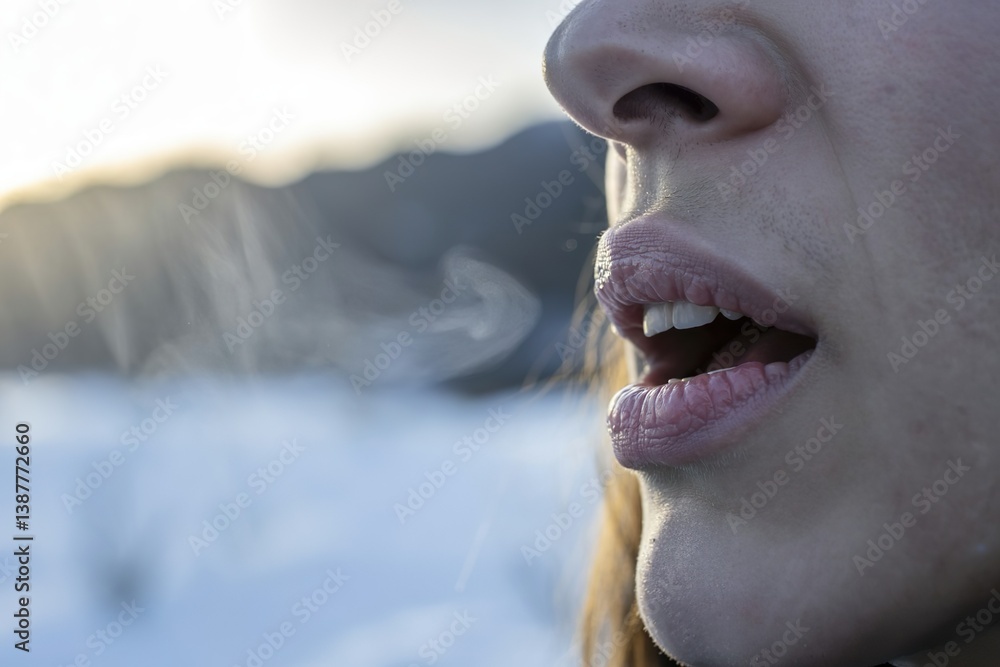 Obraz premium woman breath out cold air from mouth in winter
