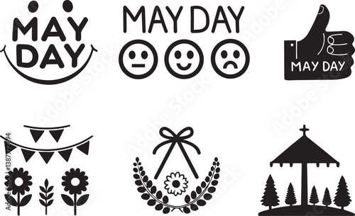 A collection of May Day icons and cliparts. Vector illustration thumbs up, variant emoji and more. May day typography on a white background.