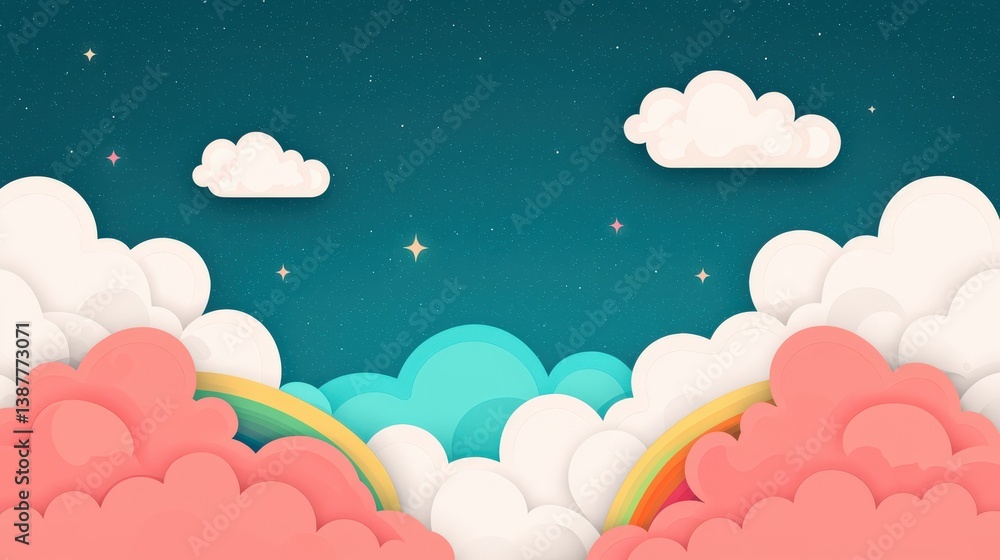 Obraz premium Cloudy Sky with Rainbows Digital Art Colorful Background Whimsical Environment Illustrative Viewpoint