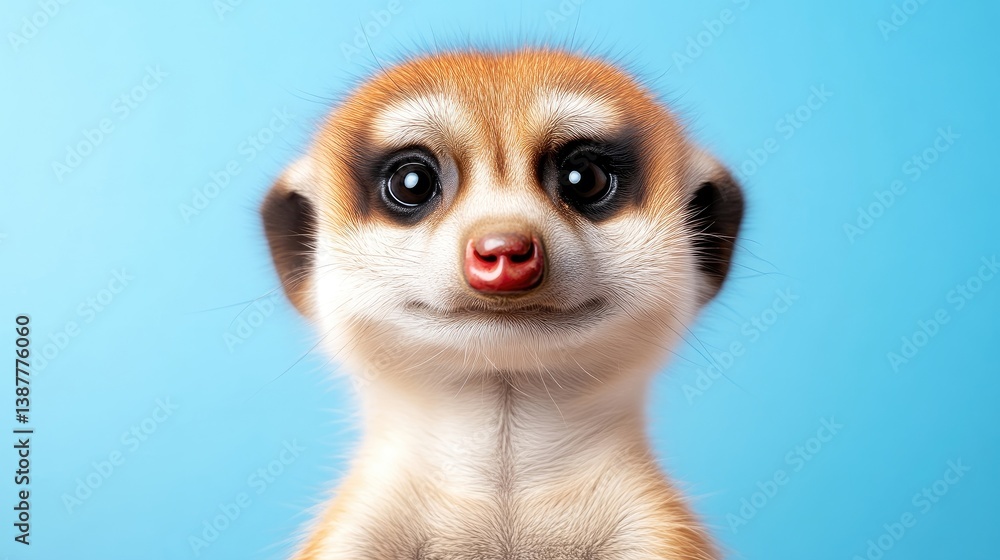 A cute meerkat, with large dark eyes and a small pink nose, is the focus. Its positioned against a solid light blue background. The image is high quality, digitally enhanced, and features soft lighti A cute meerkat, with large dark eyes and a small pink nose, is the focus. Its positioned against a solid light blue background. The image is high quality, digitally enhanced, and features soft lighti