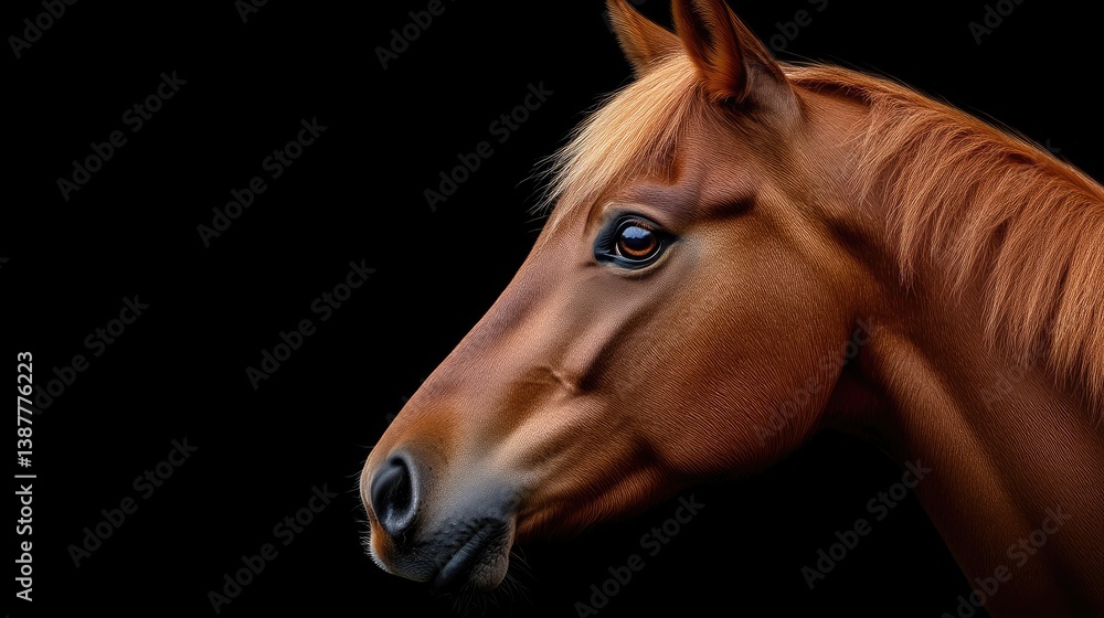 Fototapeta premium Close-up profile of a reddish-brown horse. Detailed illustration of the head and neck against a dark background, showcasing the horse's rich coat and expressive eyes