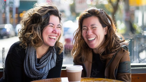 Joyful moments between two close friends laughing over coffee outdoors