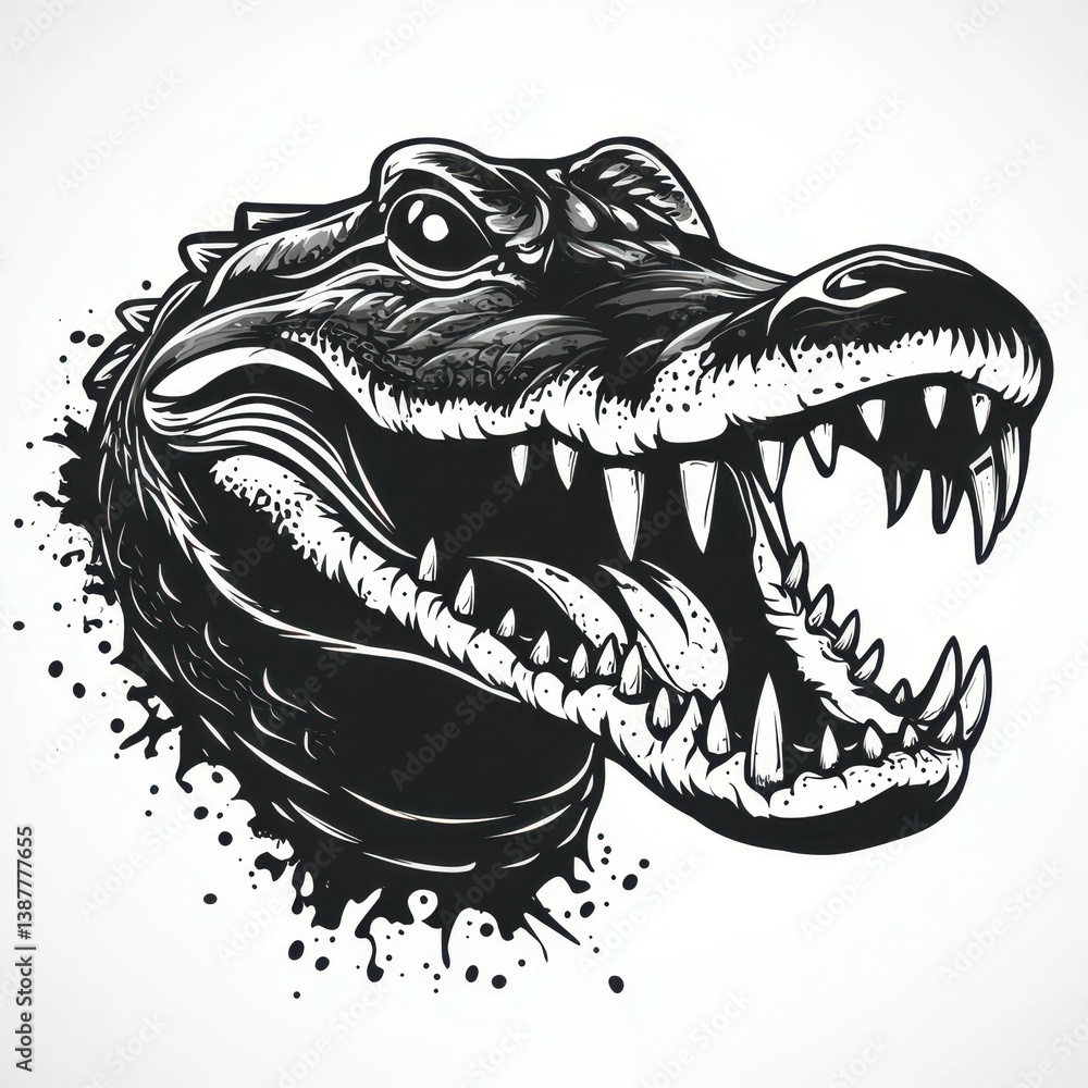 Detailed illustration of a fierce reptilian creature with sharp teeth and intense expression, showcasing skillful artistry and design elements Detailed illustration of a fierce reptilian creature with sharp teeth and intense expression, showcasing skillful artistry and design elements