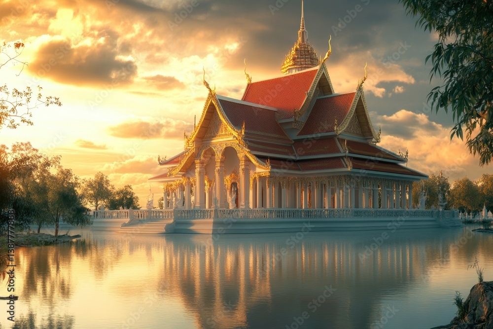 Naklejka premium Magnificent temple reflecting in serene water at sunset in a tranquil landscape