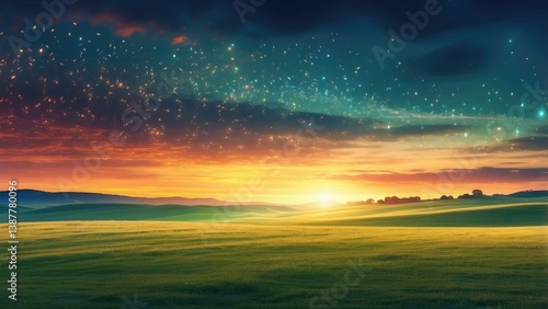 A vibrant, digitally-created landscape of gently rolling hills is illuminated by countless small orange lights