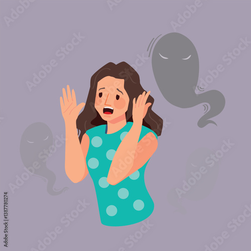 Phobia devil attack, woman is suffering from mental problems. Flat vector illustration.