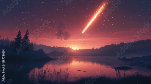 Serene Sunset Over a Lake with a Meteor Shower  