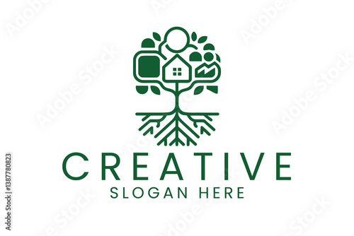 Green Abstract Tree Growth Business Logo Design eco art icon home line roots    