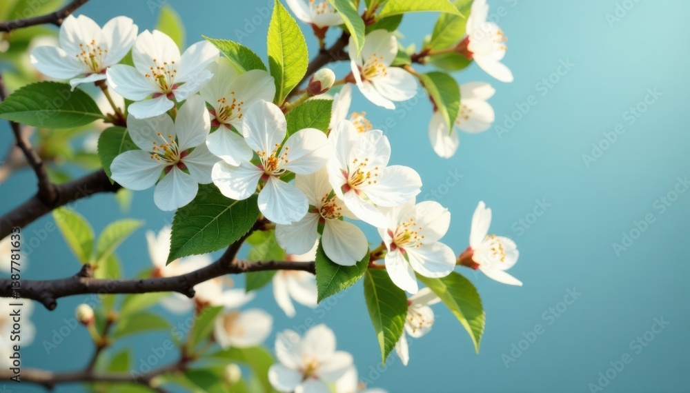 Fototapeta premium cluster of trees with white blossoms and leaves, leaves, forest