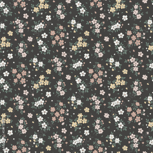 Ditsy feminine floral print vector. Small floral seamless pattern background. Repeat pattern. flower print. Liberty style. Tiny surface design. Ditsy floral in dark background for fashion, texture.