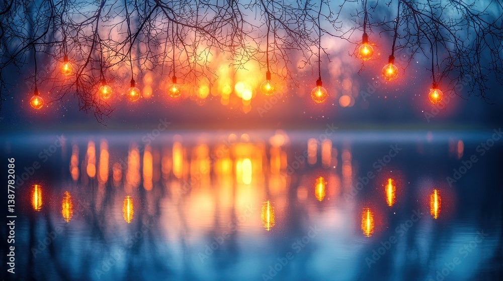 Naklejka premium Warm sunset over a lake, illuminated by string lights