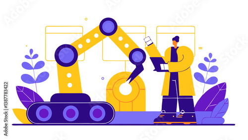 Robotic arm operated by technician in industrial workspace in flat style