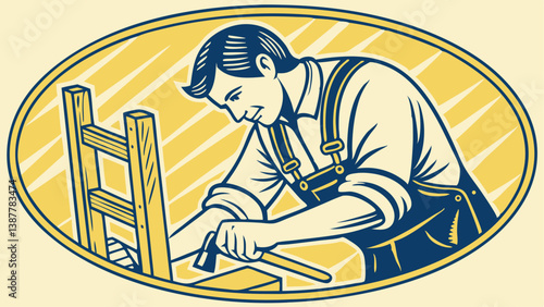Carpenter working on wooden chair for furniture making