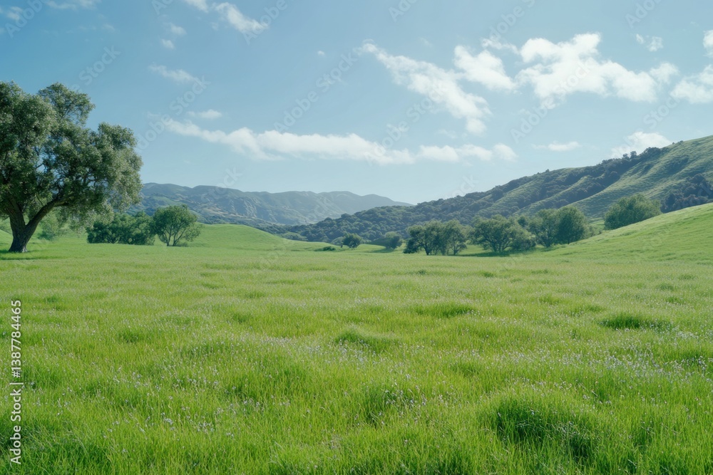 Lush green meadow under a beautiful sky with white clouds Lush green meadow under a beautiful sky with white clouds