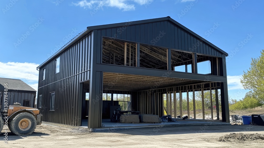 Steel frame structure in progress with beams, joints, and anchor bolts installed Steel frame structure in progress with beams, joints, and anchor bolts installed