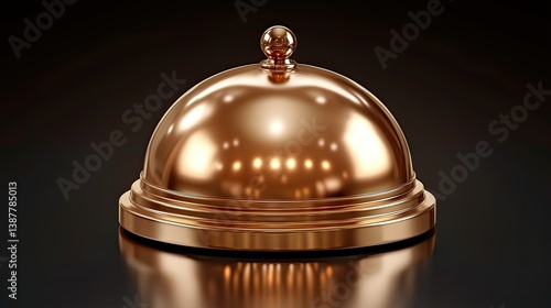 A shiny golden bell sits upon a reflective dark surface