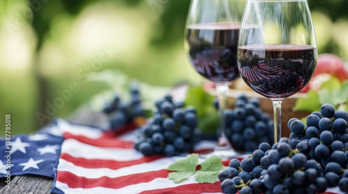 Celebratory Independence Day Gathering, two glasses of wine beside fresh grapes, set on an American flag blanket, capturing the spirit of a joyful Fourth of July picnic.