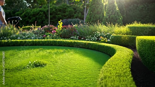 Beautifully Maintained Garden with Lush Greenery and a Man Mowing the Lawn