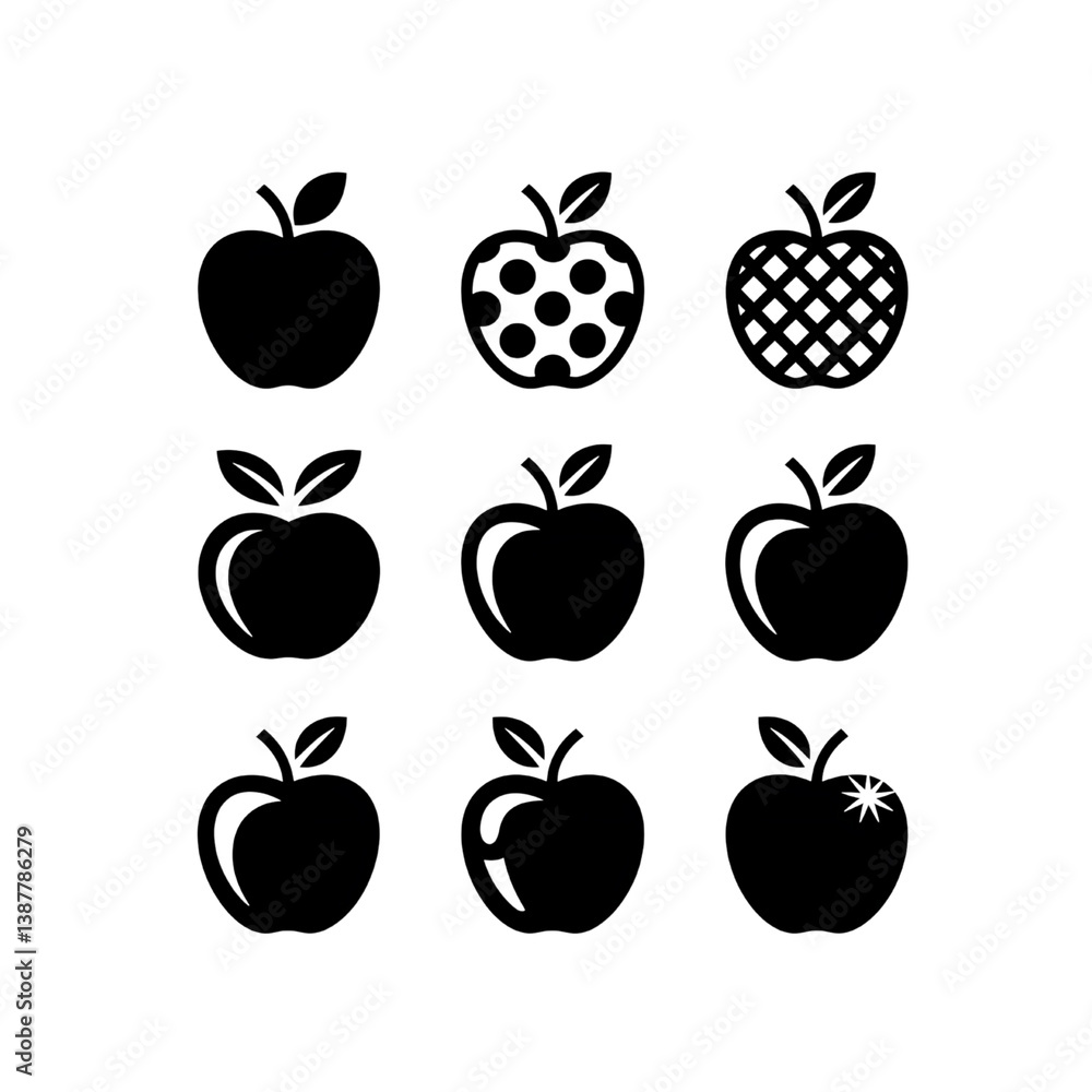 set of fruit icons apple design black silhouette vector icons isolated on white background set of fruit icons apple design black silhouette vector icons isolated on white background