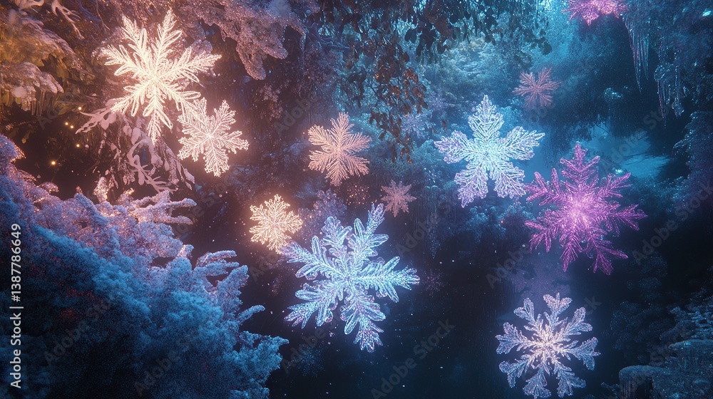 Fototapeta premium A dreamy scene of translucent layered snowflakes glowing with soft pastel colors
