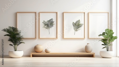 Three blank white frames with light wooden borders leaning against a white wall on a wooden parquet floor.