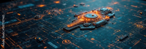 Mysterious blueprints scattered on a black surface, revealing cryptic designs and machinery details , high tech, abstract design photo