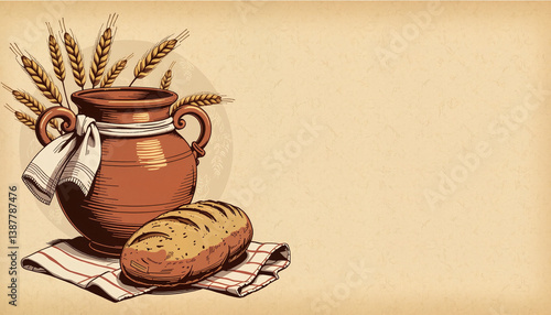 Crafted greeting card with wheat stalks, jug, towel, and bread in rustic style, warm tones, symbol of harvest and country living with copy space