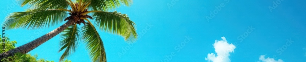 Fototapeta premium Palm tree against bright blue sky with lush green foliage, landscape, palm tree