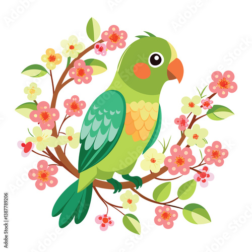 vector art of a lovebird sitting on a flowering.