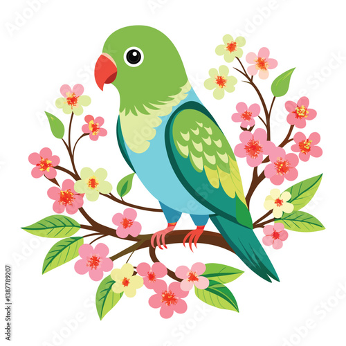 vector art of a lovebird sitting on a flowering.
