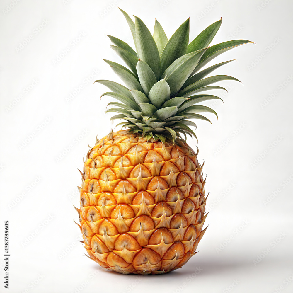 Fototapeta premium A single, ripe pineapple, showcasing its golden-yellow skin and vibrant green crown, against a plain white background.