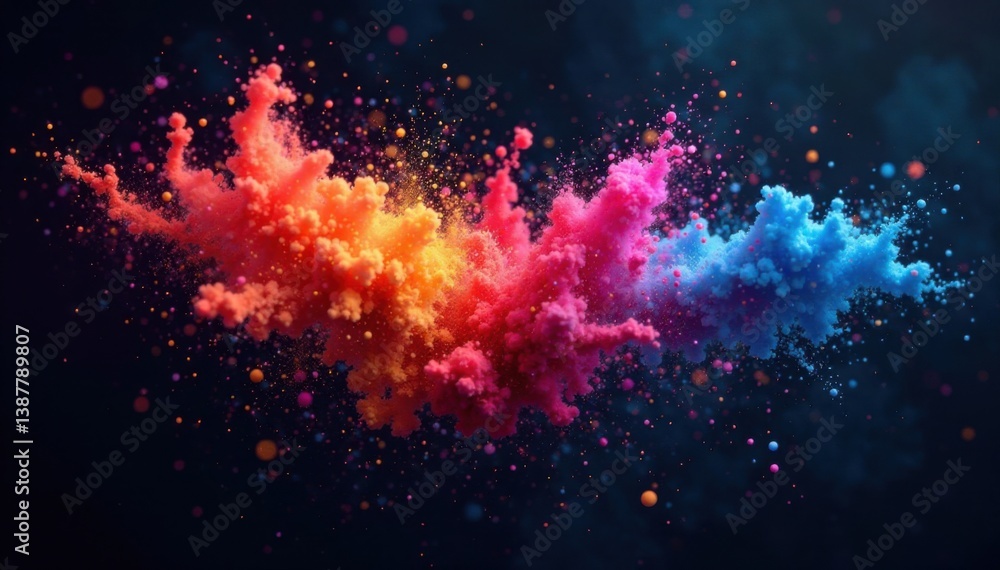 Sparkling colored powder bursts on dark canvas creating kaleidoscope effect, colored powder, vibrant explosion, dynamic effect Sparkling colored powder bursts on dark canvas creating kaleidoscope effect, colored powder, vibrant explosion, dynamic effect